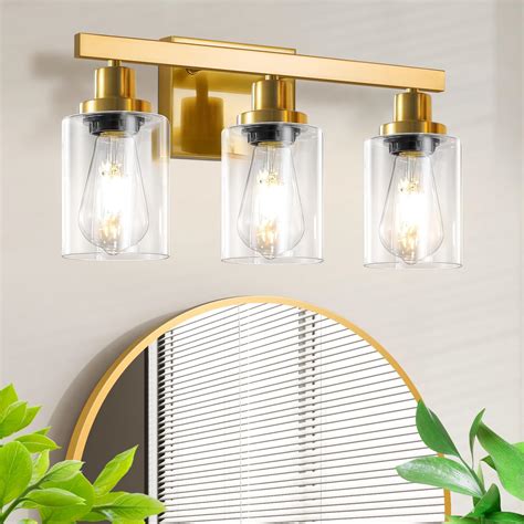 3-Light Brushed Gold Bathroom Vanity Lighting Fixtures Over Mirror ...
