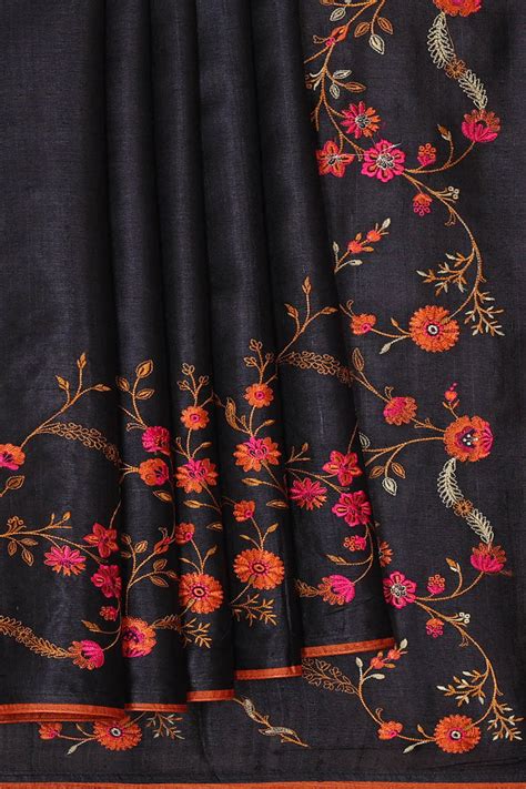Tussar Silk Black Embroidered Saree – Kalanjali
