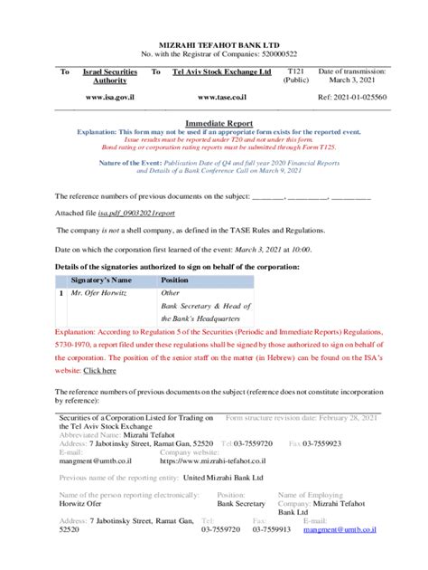 Fillable Online Mizrahi Tefahot Bank - director's appointment ...