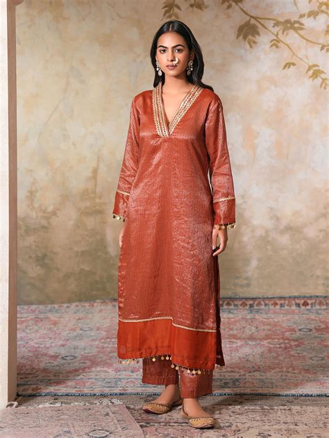 Rust Striped Chanderi Tissue Silk Kurta with Pants - Set of 2