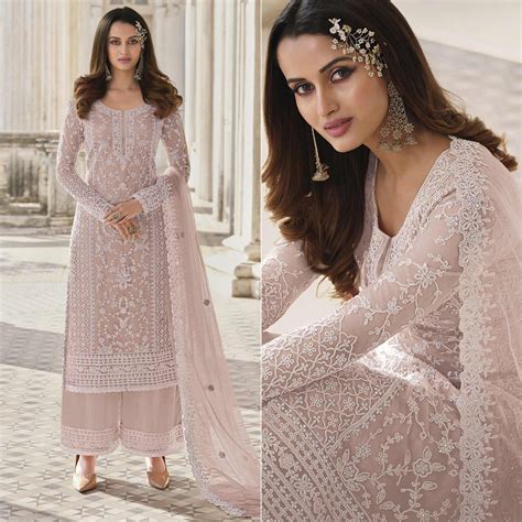 Beige Embroidered Netted Pakistani Suit