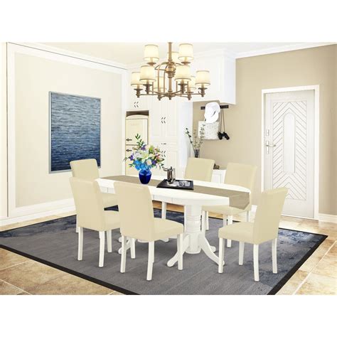 Southwestern Dining Set 7Pc - Table & 6 Chairs - Linen White Legs - PU Leather White Finish ...