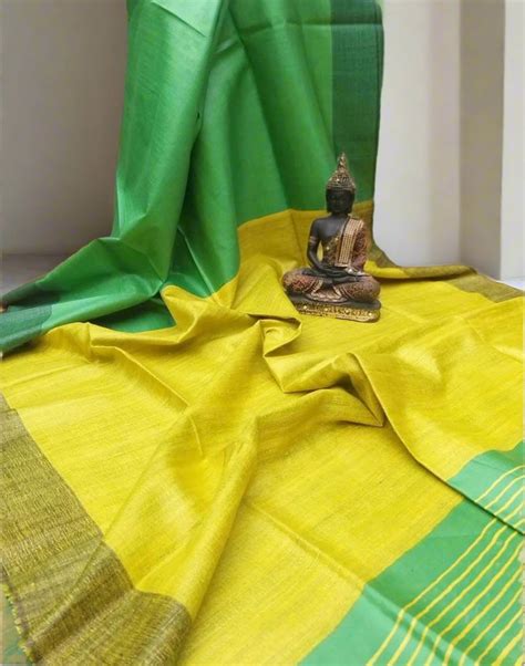 Green and Yellow Korean tussar ghicha pallu saree with staple body ...