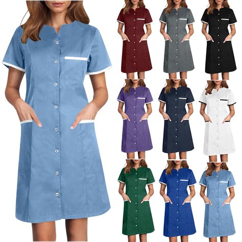 Horkkom Scrub Dresses for Nurses Splicing Color Nursing Dress Button ...