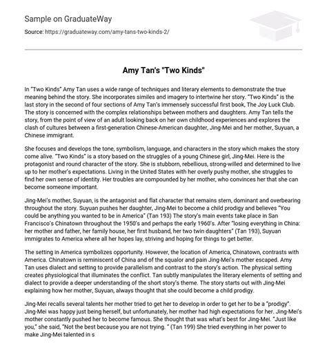⇉Amy Tan’s “Two Kinds” Analysis Essay Example | GraduateWay