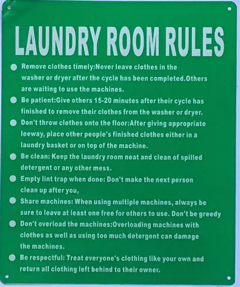LAUNDRY ROOM RULES SIGN (10X12, Green, Aluminum)