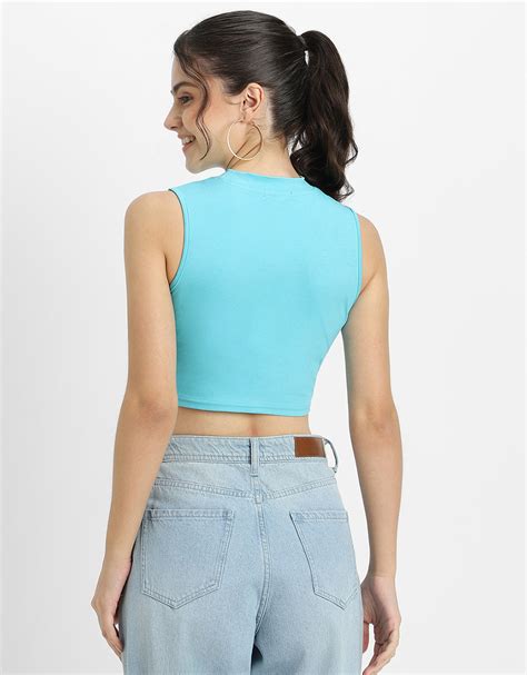 Blue Radiance Plain High Neck Cropped Tank Top – Juneberry