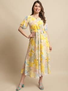 Fabflee Women A-line Yellow Midi/Calf Length Dress - Buy Fabflee Women ...
