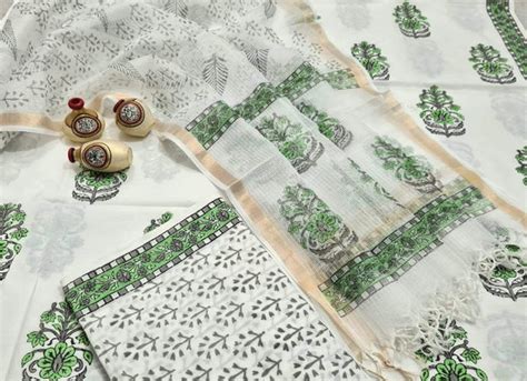 Green printed on White Handblock Unstitched Pure Cotton Suit – Fashionous