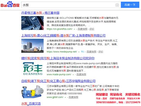 网站优化关键词‘水泵’做到百度首页，seo网站优化案例