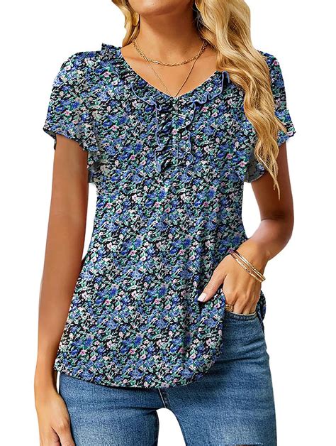 Fantaslook Womens Blouses Floral Ruffle Short Sleeve Tunic Tops Casual ...