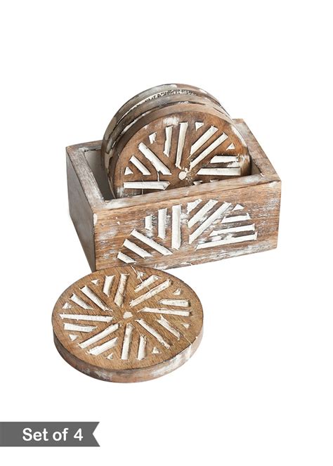 Get Rustic Wooden Carved Coasters- Set of 4 at ₹ 599 | LBB Shop