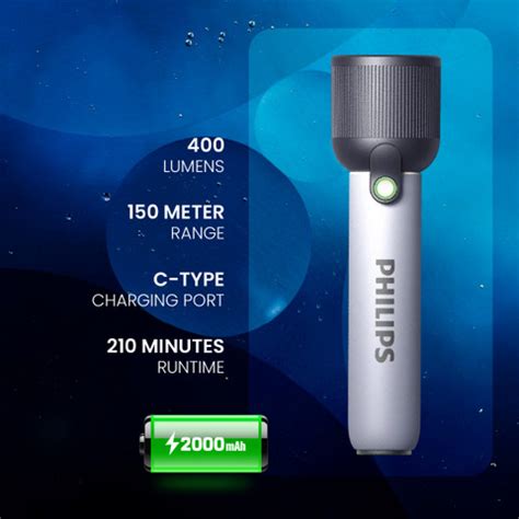PHILIPS 3 Mode Flashlight, 2000mAh Li-ion Battery, 400 lm, IP44, Type-C ...