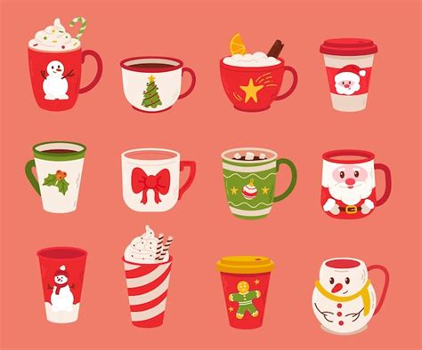 Various christmas mugs and cups of hot drink big collection flat ...