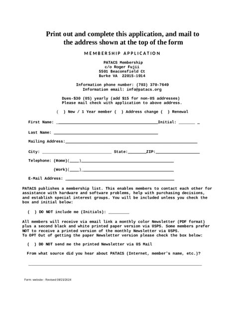 Patacs Membership Application Doc Template | pdfFiller