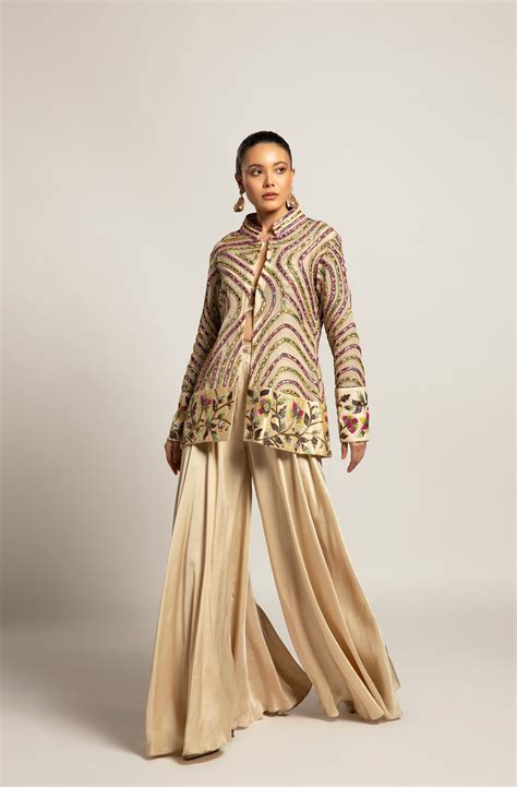 Beige Gajji Silk Stripe Embellished Jacket Flared Pant Set – Sejal ...