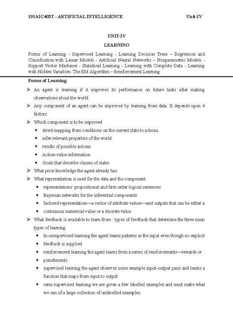 Unit 4 - Lecture on Learning Algorithms: Supervised, Unsupervised, and ...