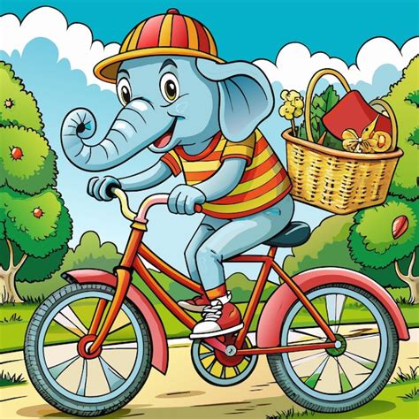 A cartoon illustration of an elephant riding a bike with a basket on ...