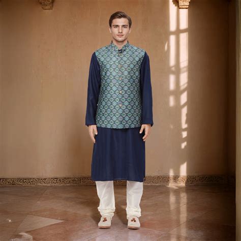 Ethnix Men Blue Printed Polyester Bundi – MyRaymond