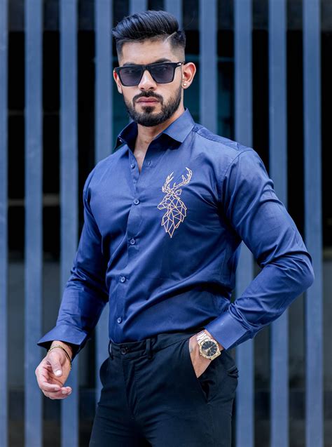 Deer Golden Embroidered Navy Blue Premium Cotton Shirt – The Foomer