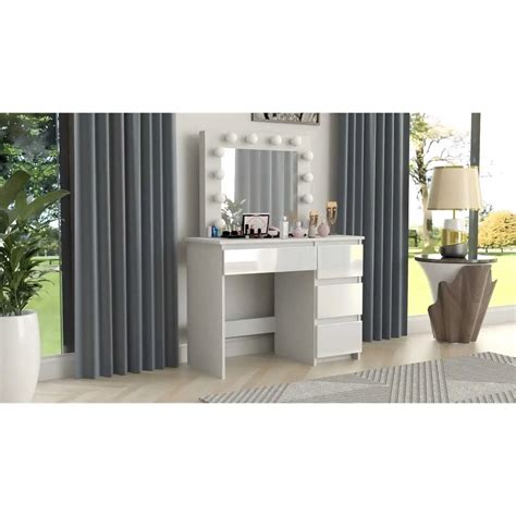 Masa de toaleta/machiaj Artool, alb, sertare lucioase, cu oglinda si LED-uri, Irina, 94x43x141 cm