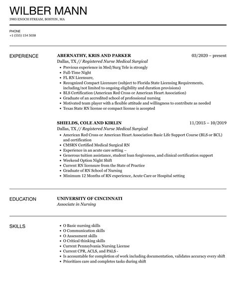 Registered Nurse Medical Surgical Resume Samples | Velvet Jobs