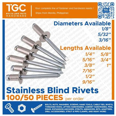 TGC 100/50PCS Stainless Blind Rivets 1/8 5/32 3/16 inches Pop Rivets ...