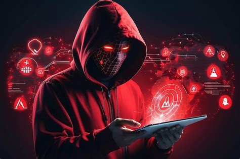 Hooded man hacker finger touch tablet in hand double exposure red ...