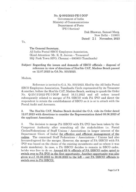 Directorate reply to All India Postal SBCO Employees Association ...