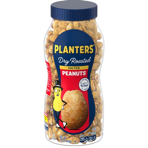 PLANTERS Dry Roasted Salted Peanuts 16 oz Plastic Jar with 7g Protein ...