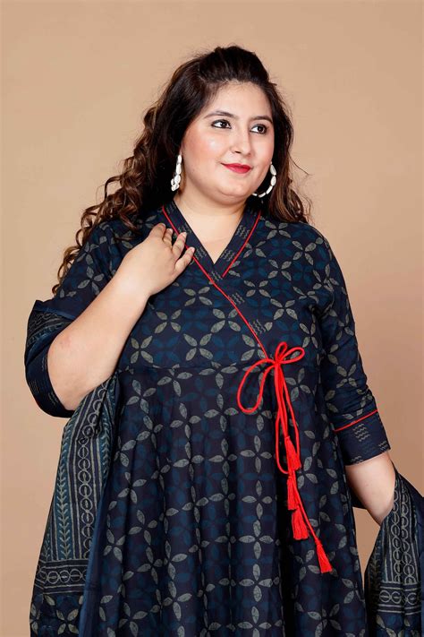 Women'S Plus Size Abstract Printed & Tasseles Angrakha Kurta With Blue ...