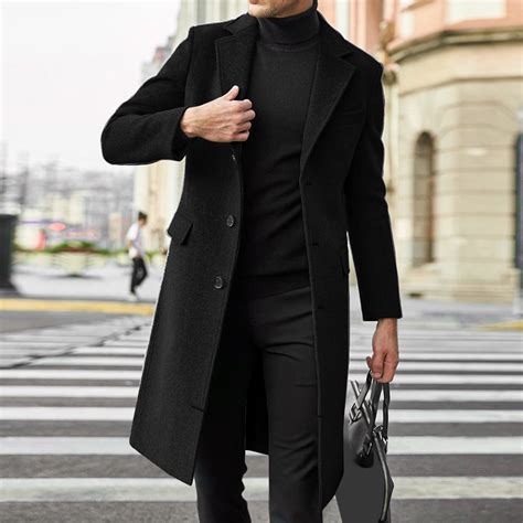 HAXMNOU Men Wool Coat Winter Trench Coats Long Sleeve Button Up Jacket ...