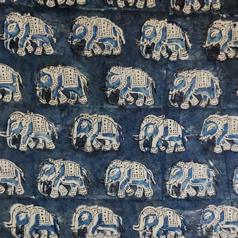 Pure Cotton Kalamkari Blue With Intricate Elephants Hand Print Fabric ...
