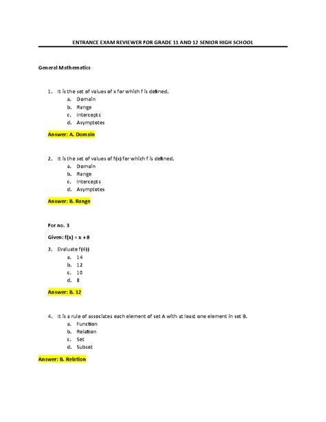 Entrance Exam Reviewer For Grade 11 Amd 12 Senior High School ...