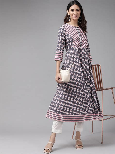 Cotton Floral Printed Anarkali Kurta (Pink) – Yash Gallery