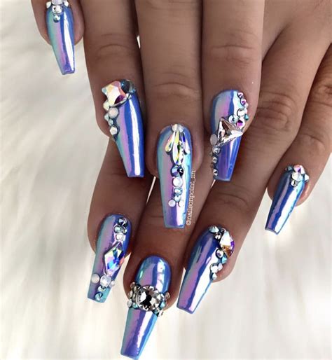 Long chrome holographic rhinestone coffin nails | Bling nails, Nails ...