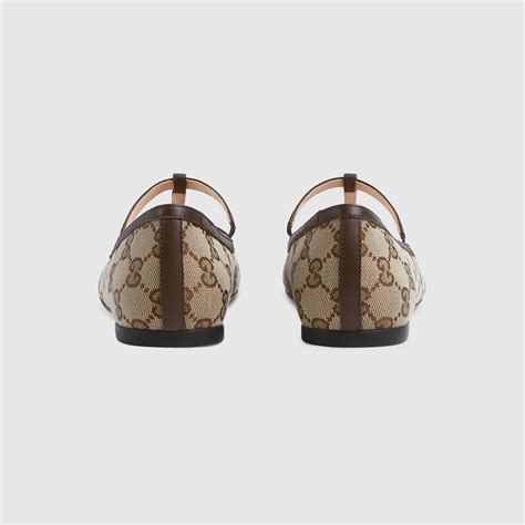 Teen Double G ballet flat in beige and ebony GG canvas | GUCCI® US