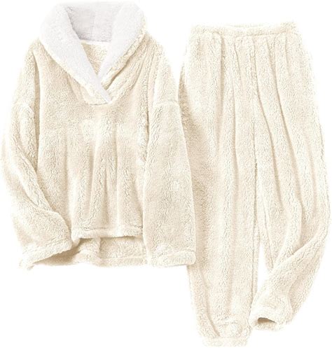 SeeLuNa Womens Fluffy Pajamas Set Fleece Pullover Pants Oversized Plush ...
