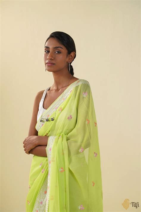 Lime Green Pure Khaddi Georgette Banarasi Handloom Saree - Tilfi