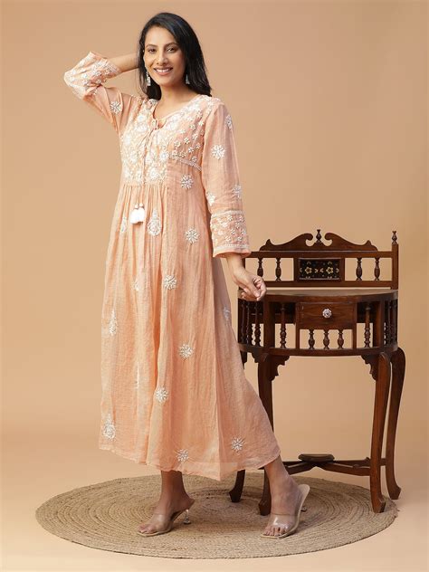 Semal Hand Embroidered Peach Kota Cotton Lucknowi Chikankari Kurta wit ...
