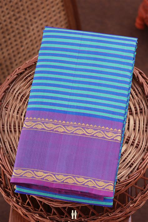 Kanchipuram Silk Saree In Blue And Green With Stripes Design
