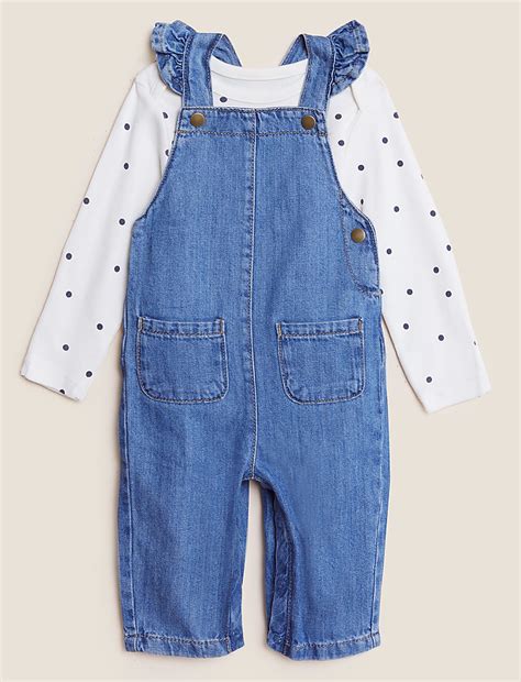 Buy 2pc Pure Cotton Denim Dungaree Outfit (0-3 Yrs) at Marks & Spencer