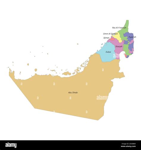High quality colorful labeled map of United Arab Emirates with borders of the regions Stock ...