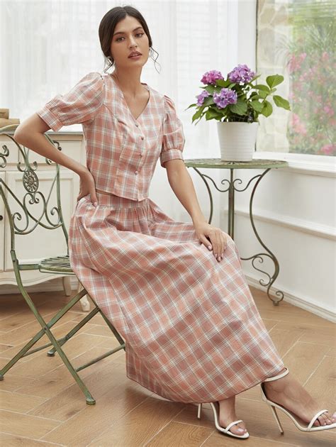 SHEIN Mulvari Tartan Button Up Top & Skirt Set | SHEIN USA