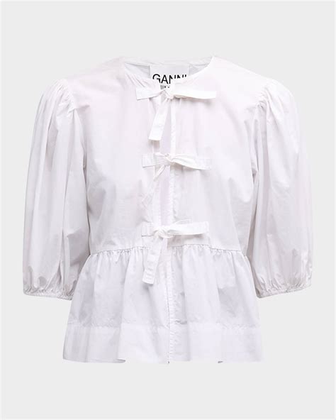 Ganni Poplin Front-Tie Peplum Blouse with Puffed-Sleeves | Neiman Marcus