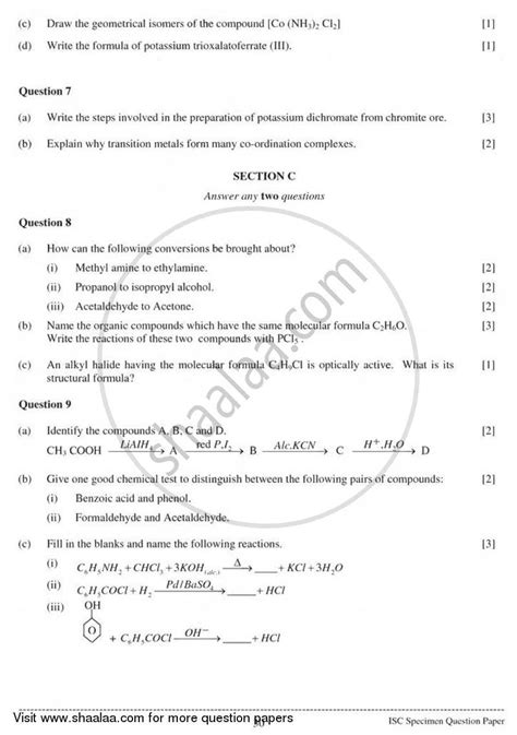 Chemistry (Theory) 2010-2011 (Science) ISC Class 12 question paper with ...