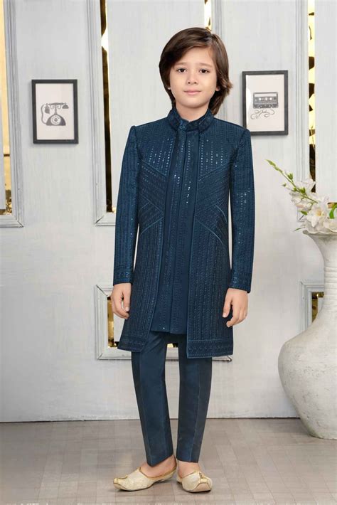 Ethnic Teal Blue Sequins Embroidered Indo-Western Sherwani Style Suit ...