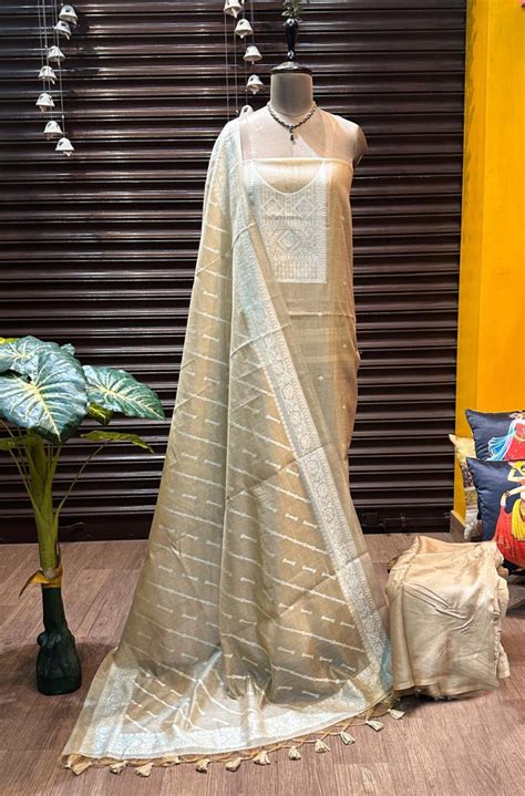 Stone Pure Soft Muga Cotton Weaving Work Unstitched Dress Material ...