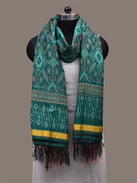 Green Pochampally Ikat Cotton Silk Handloom Dupatta with Grill Design ...