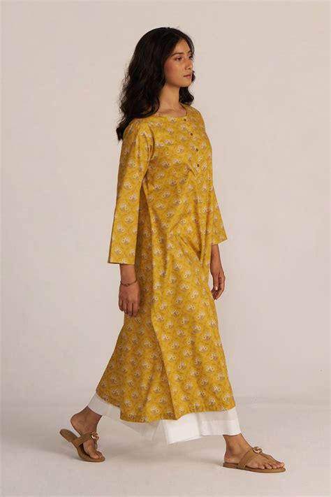 Mustard Yellow Print Cotton Kurta - Ganga Fashions